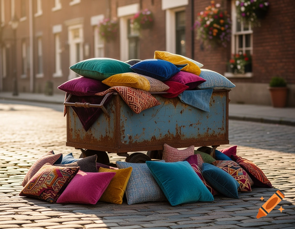 A rusted blue trolley cart overflows with colorful pillows on a cobblestone street, more pillows lie on the ground. Sunny city background.