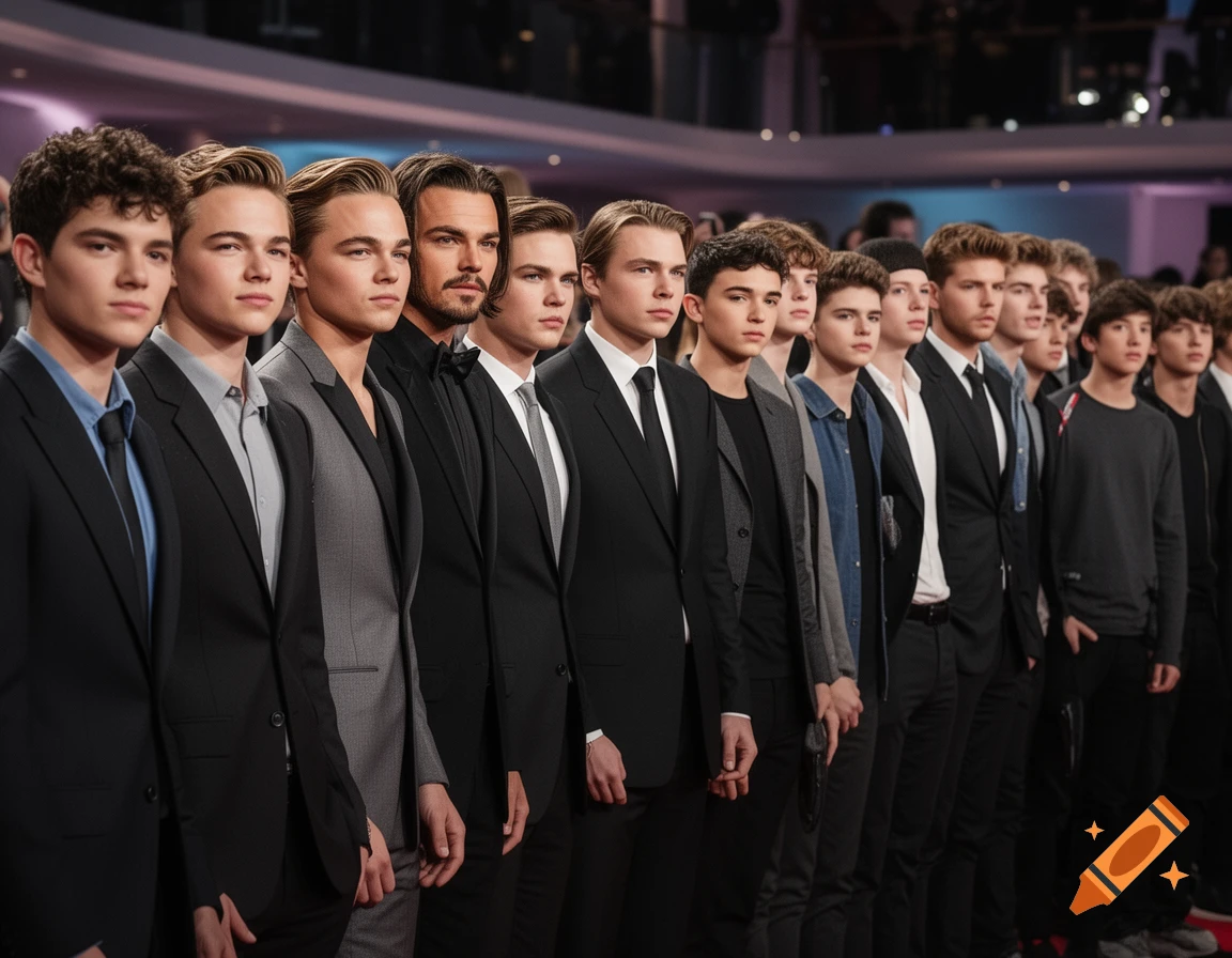 A line of young men in various suits and formal wear stand on a red carpet, looking forward.
