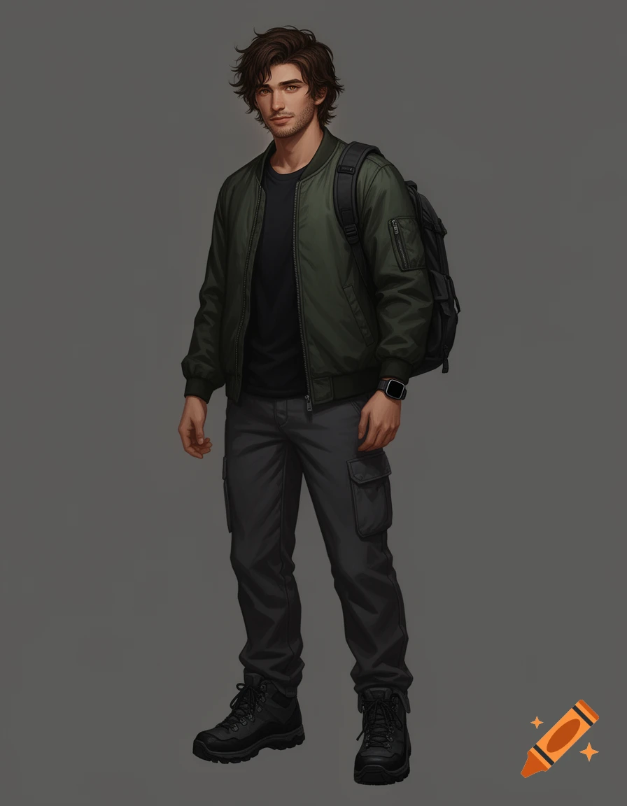 Full-body semi-realistic character art of a young man with messy dark brown hair and stubble, wearing a dark green bomber jacket, black t-shirt, charcoal cargo pants, hiking boots, and a black backpack.