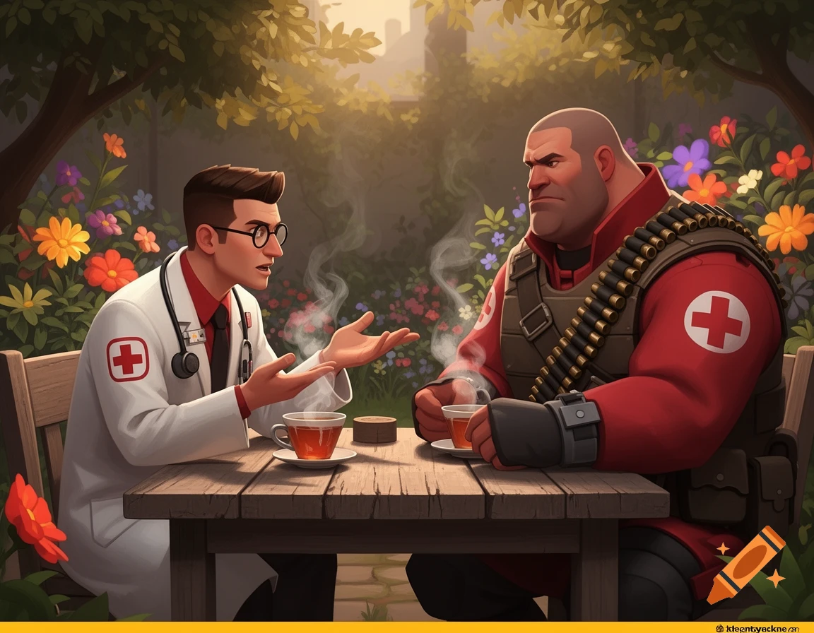 The TF2 Medic and Heavy from the RED team discuss over tea in a vibrant, flowery garden, stylized digital art.