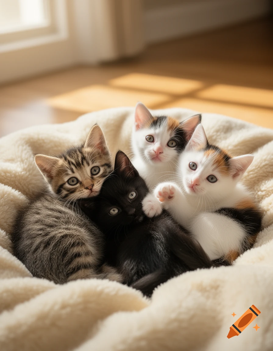Four photorealistic kittens, including tabby, black, and calico, cuddle on a cream blanket with sunlight.