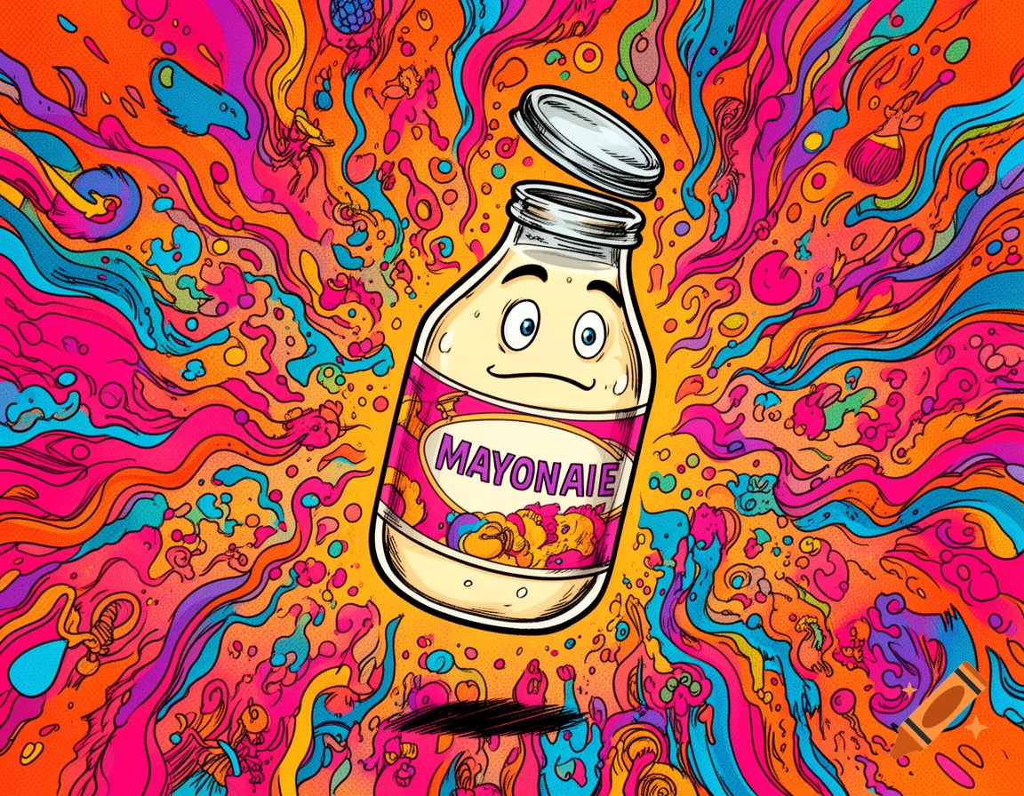 A cartoon mayonnaise bottle with a worried face, labeled "MAYONAIE", set against a vibrant, swirling, psychedelic background of orange, pink, blue, and yellow.