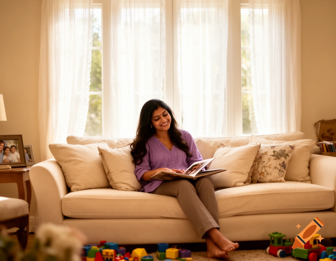 A smiling woman with long dark hair sits barefoot on a cream sofa, reading a book in a sunlit living room with toys on the floor.