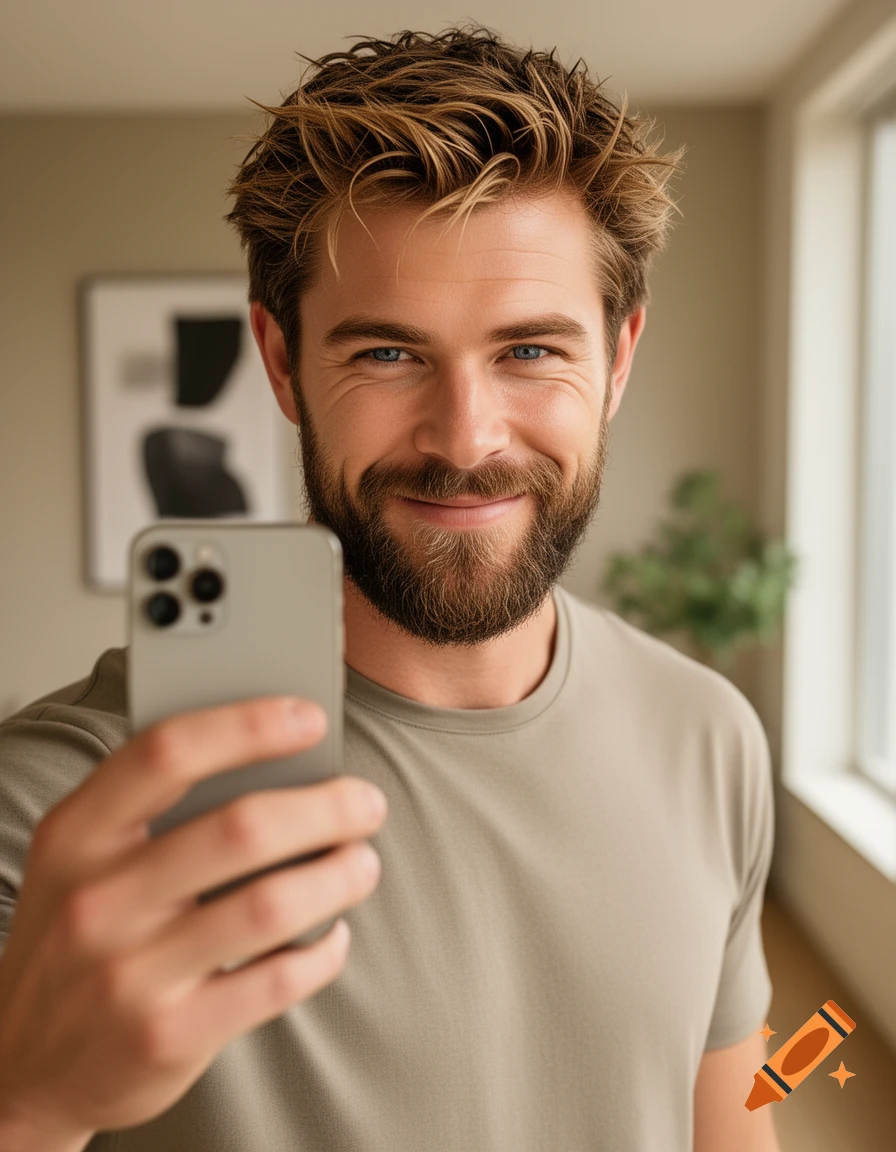 A photorealistic close-up portrait of a smiling man with a beard taking a selfie with his phone.