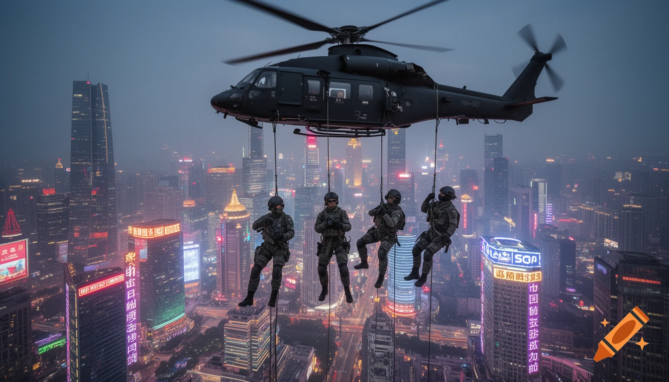 A dark helicopter with four soldiers rappelling from it hovers over a sprawling, brightly lit city at dusk, viewed from above.