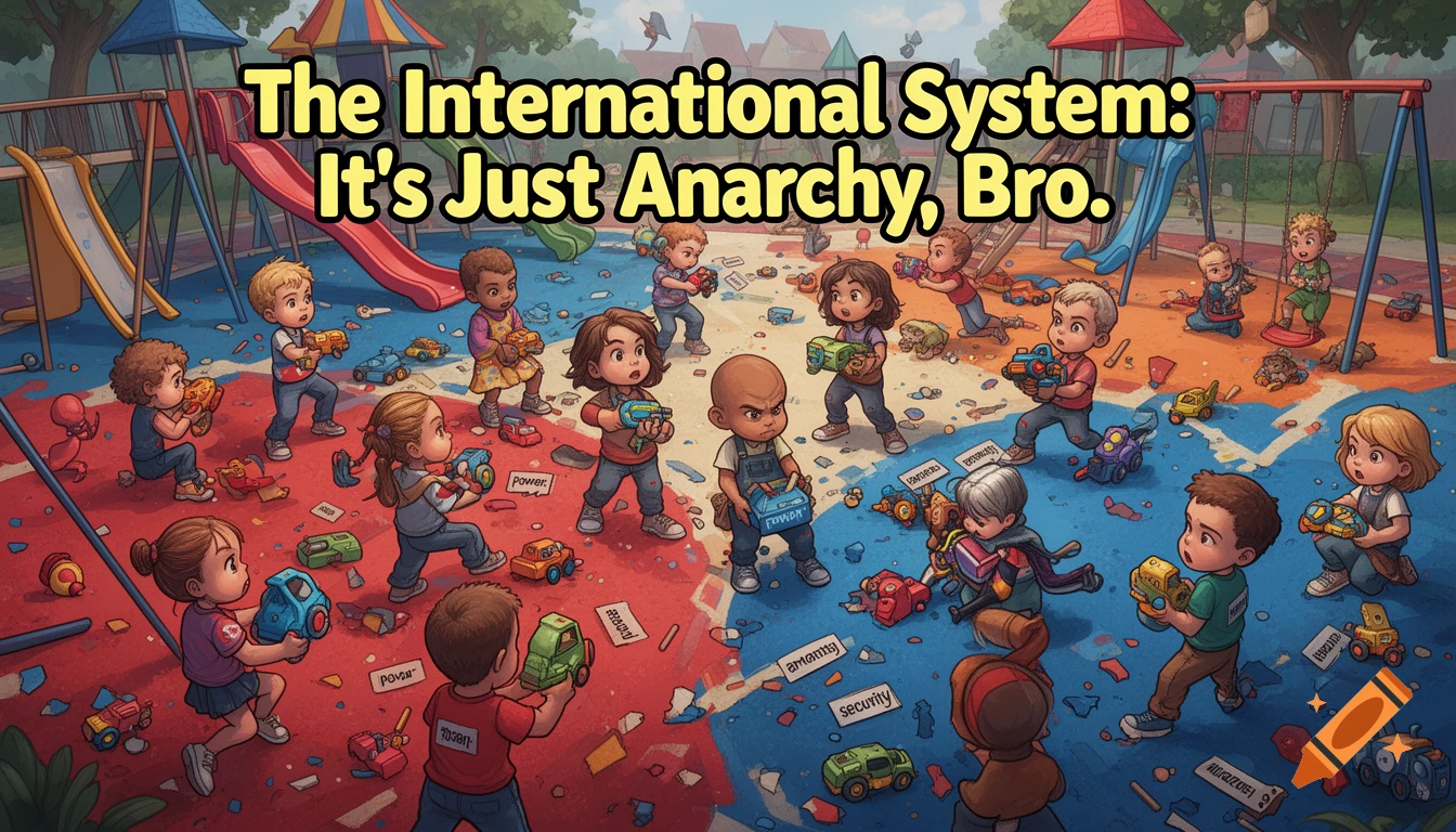 A chaotic cartoon playground with children playing with labeled toys like 'power' and 'security', with the text 'The International System: It's Just Anarchy, Bro.'