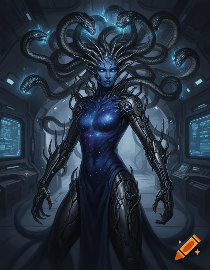 A blue-skinned female cyborg with snake-like hair and starry chest armor in a futuristic control room.