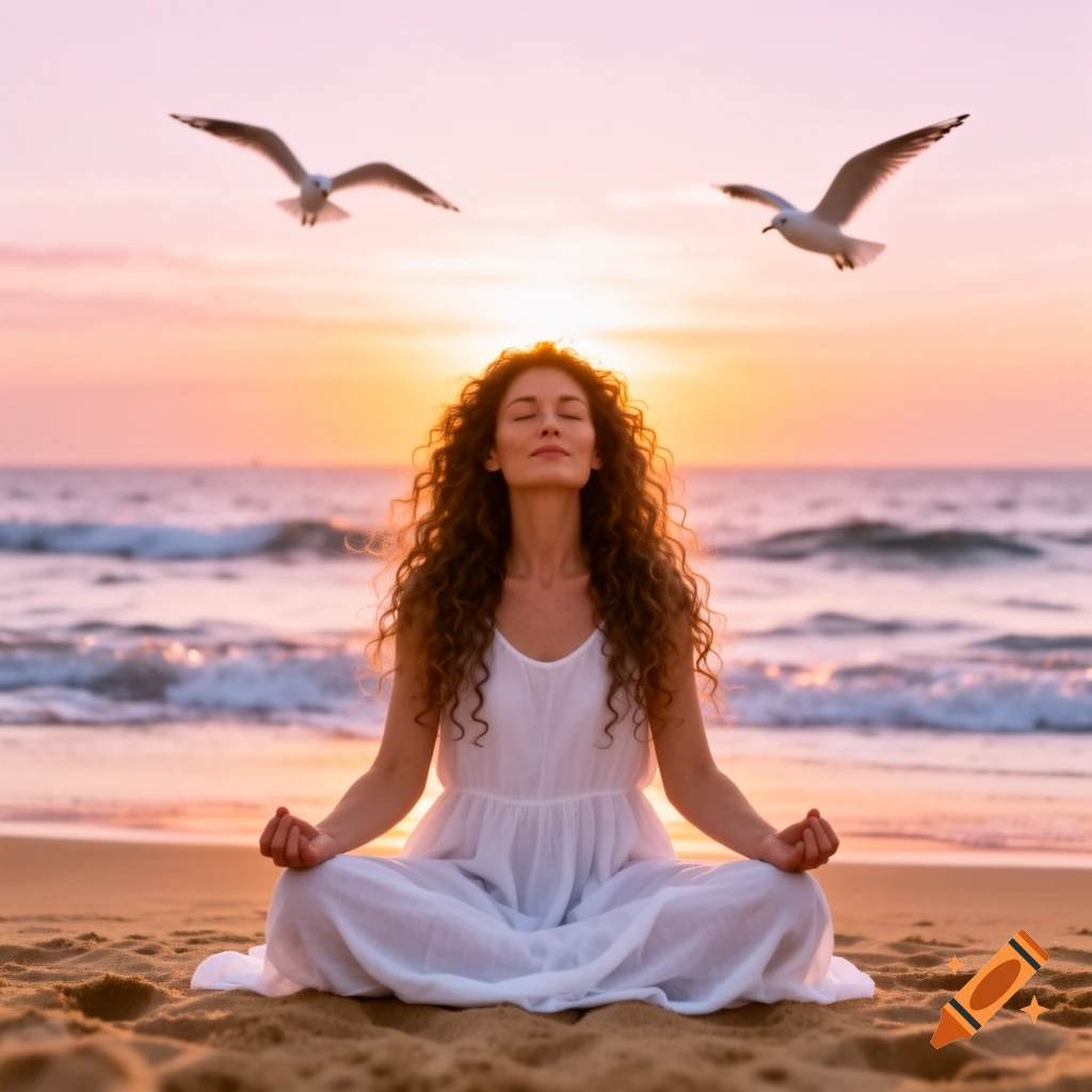 A woman with long curly hair meditates in a white dress on a sandy beach at sunrise, with two seagulls flying overhead.