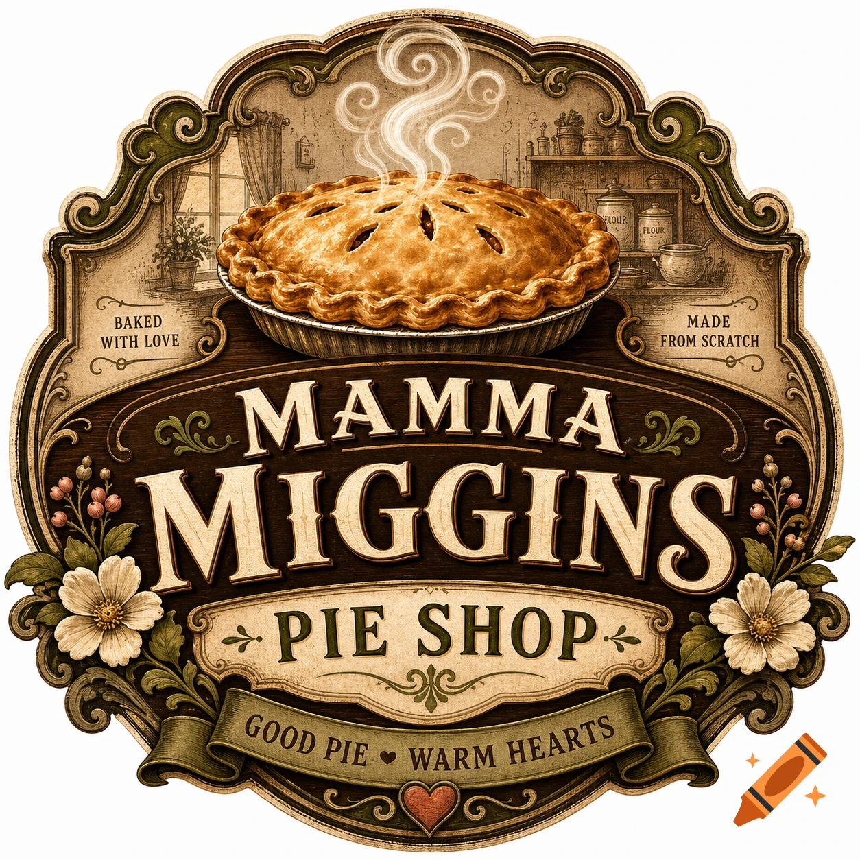 Vintage-style logo for Mamma Miggins Pie Shop, featuring a steaming pie and decorative text.