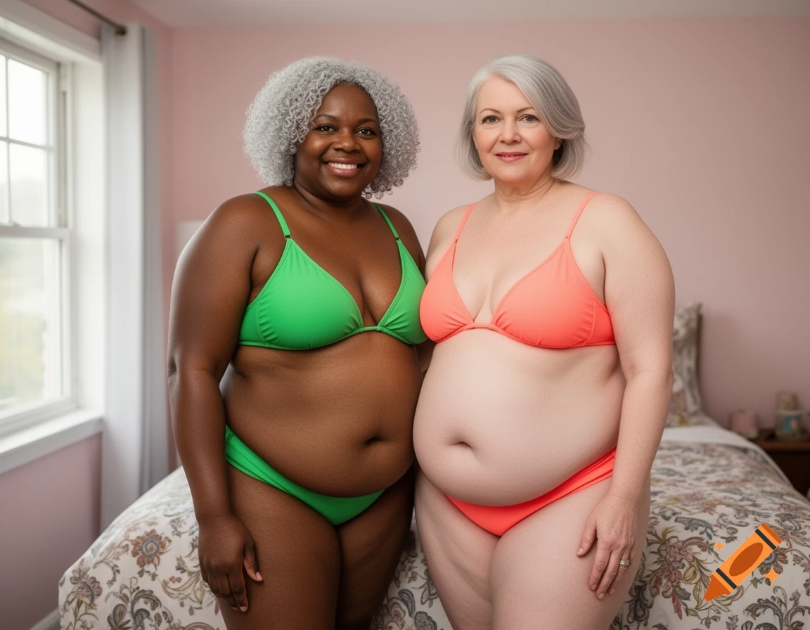 Two smiling, curvy women in green and coral bikinis stand together in a bedroom.