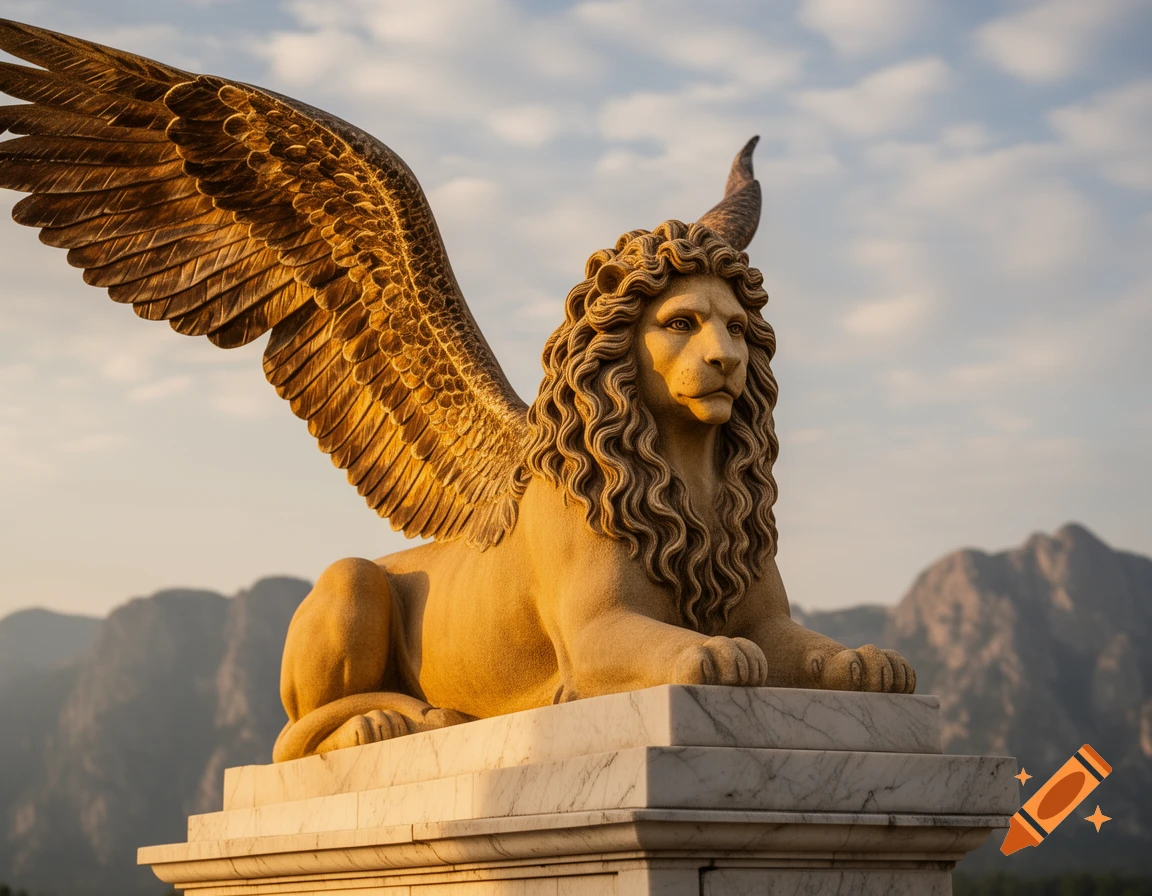 A majestic golden statue of a winged sphinx with a lion's body and human-like face, bathed in sunlight against a cloudy sky and mountains.