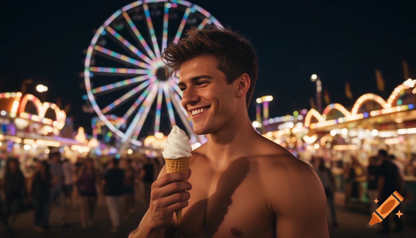 A handsome man smiles while holding an ice cream cone at a vibrant night-time amusement park with a ferris wheel in the background.