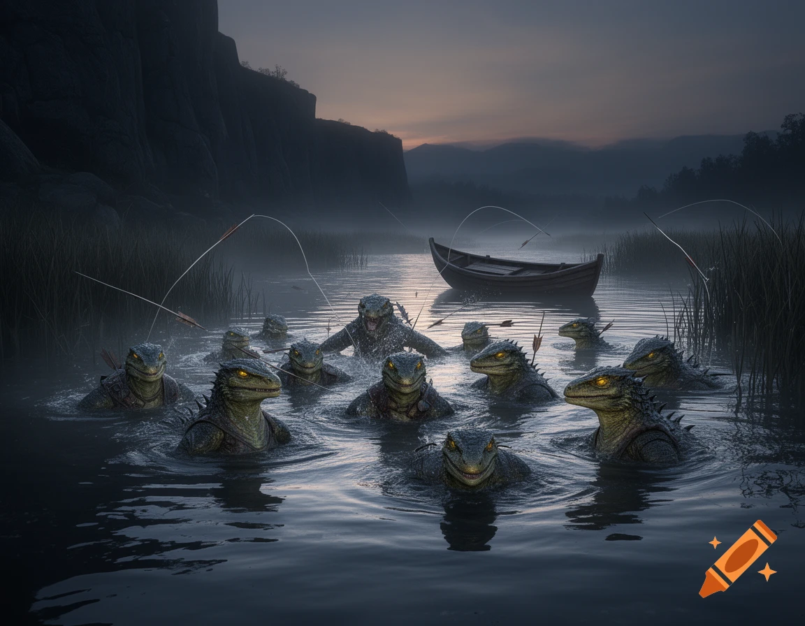 A group of menacing lizard-like creatures with glowing eyes emerge from dark, misty water, with a boat in the background, in a dark fantasy setting.