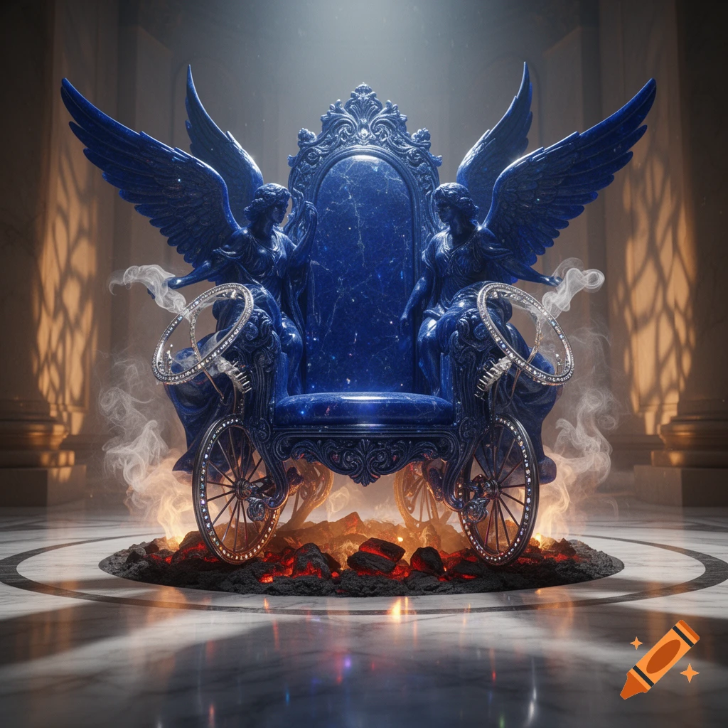 A dark blue sapphire throne adorned with winged angelic figures, resting on ornate wheels surrounded by glowing coals and smoke in a grand hall.