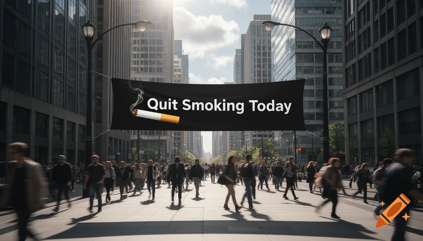 A photorealistic image of a large black banner hanging across a sunny city street, reading 'Quit Smoking Today' with a cigarette icon, as blurred pedestrians walk below.