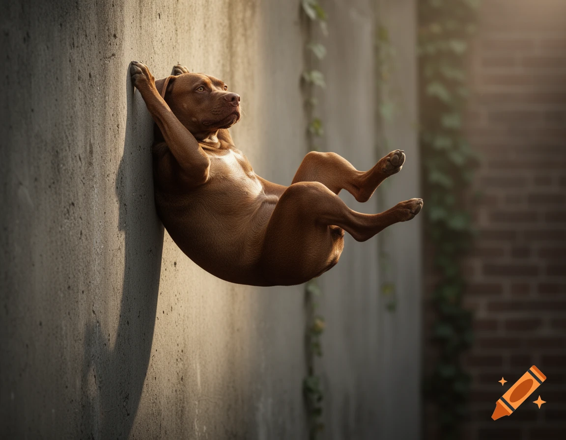 A brown dog hangs horizontally on a concrete wall, looking upward with sunlight illuminating its fur.
