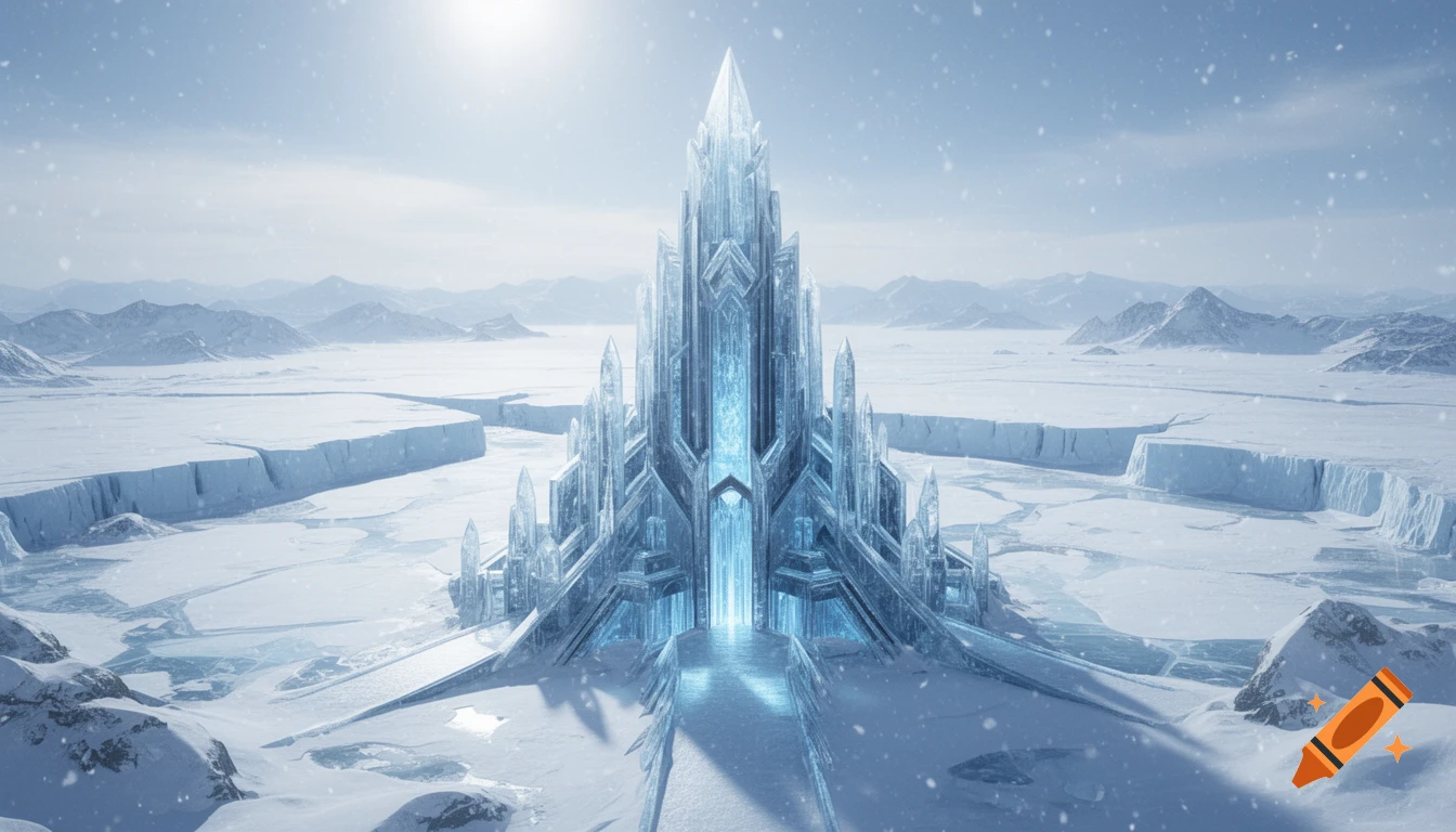 A grand, shimmering ice castle with glowing blue accents stands majestically in a vast, snow-covered arctic landscape under a bright sky with light snowfall.