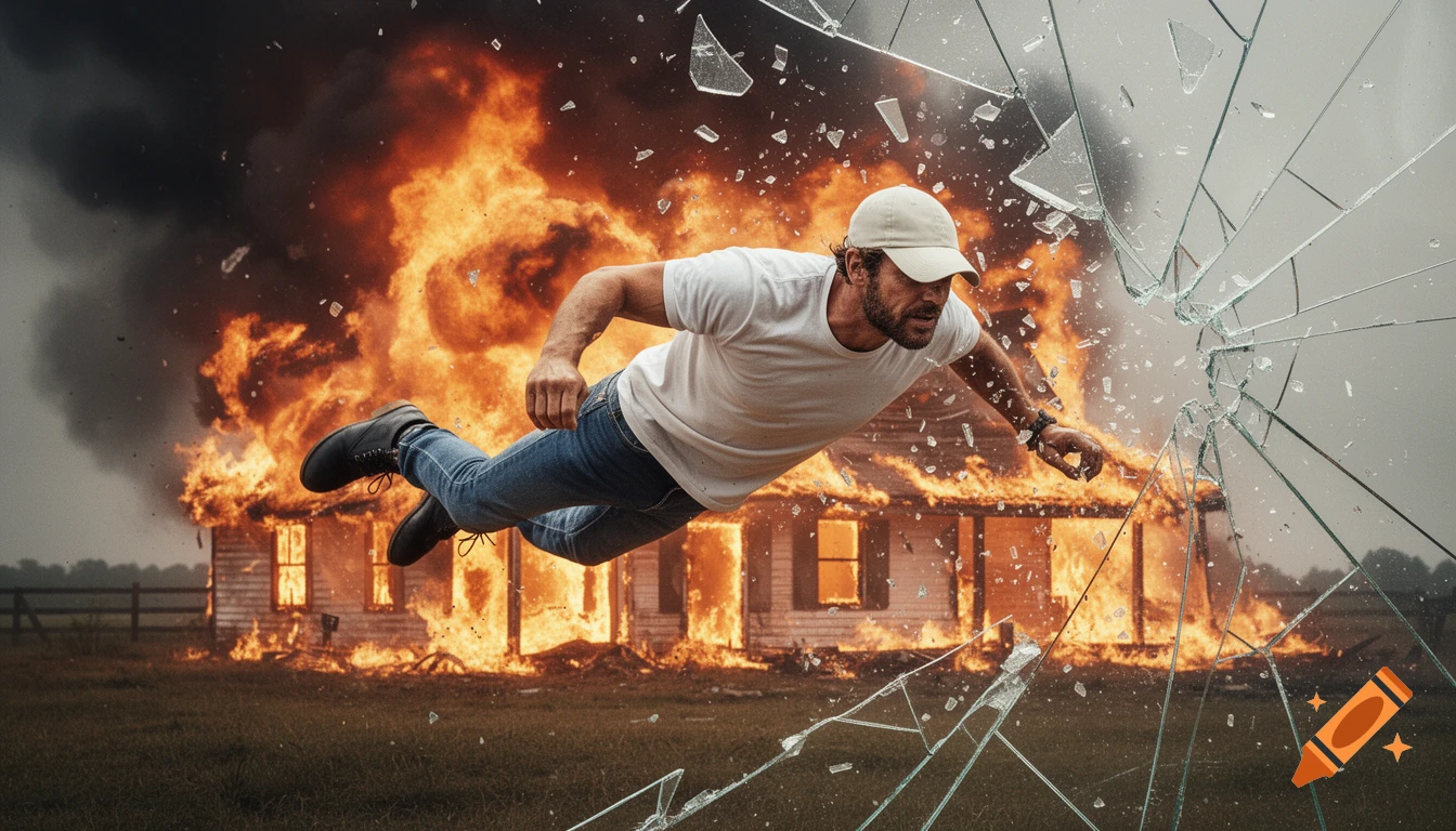 A man in a baseball cap, white t-shirt, and jeans dives through shattered glass, escaping a burning farmhouse in a dramatic, cinematic scene.