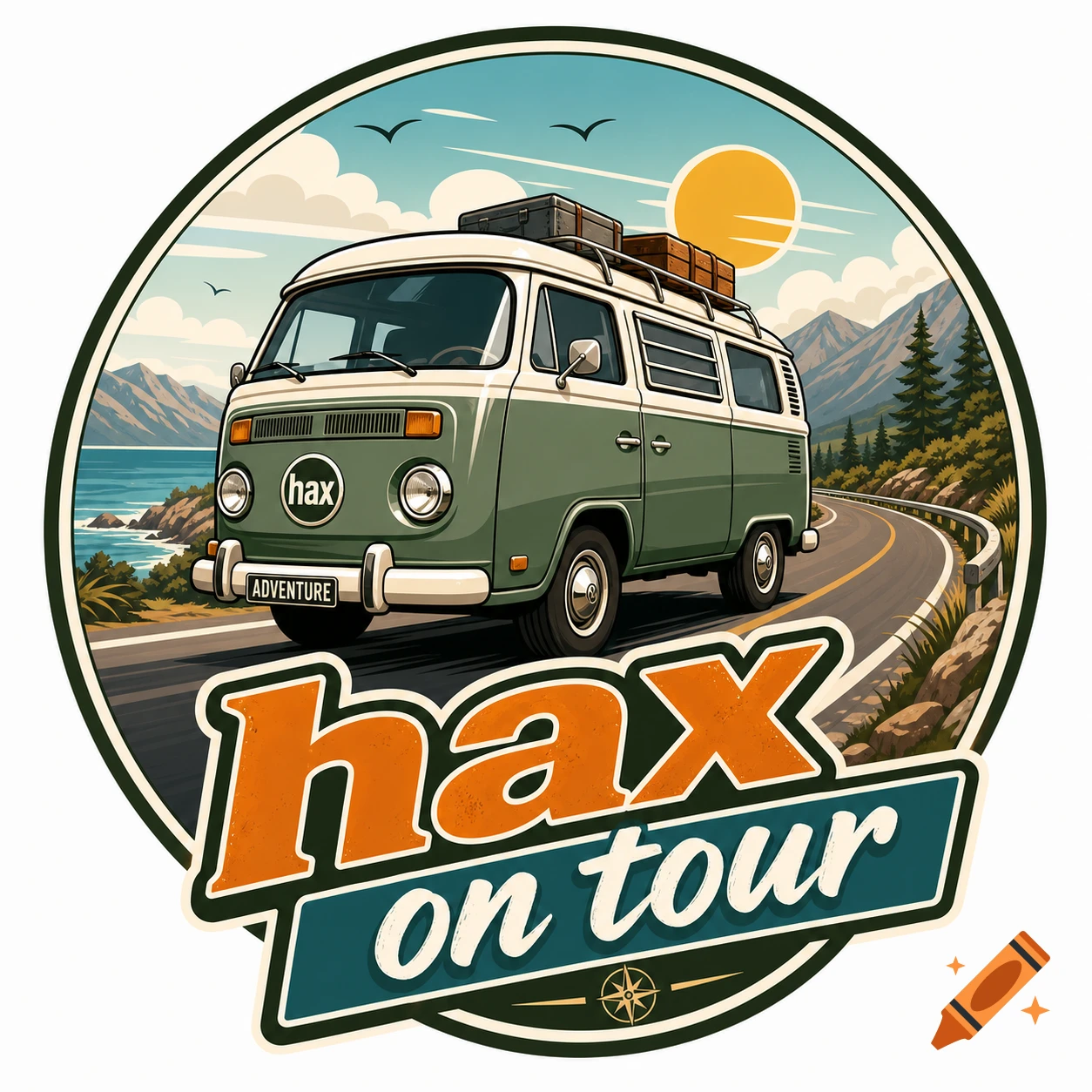 A graphic logo featuring a green camper van on a coastal road, with text "hax on tour" and "ADVENTURE".