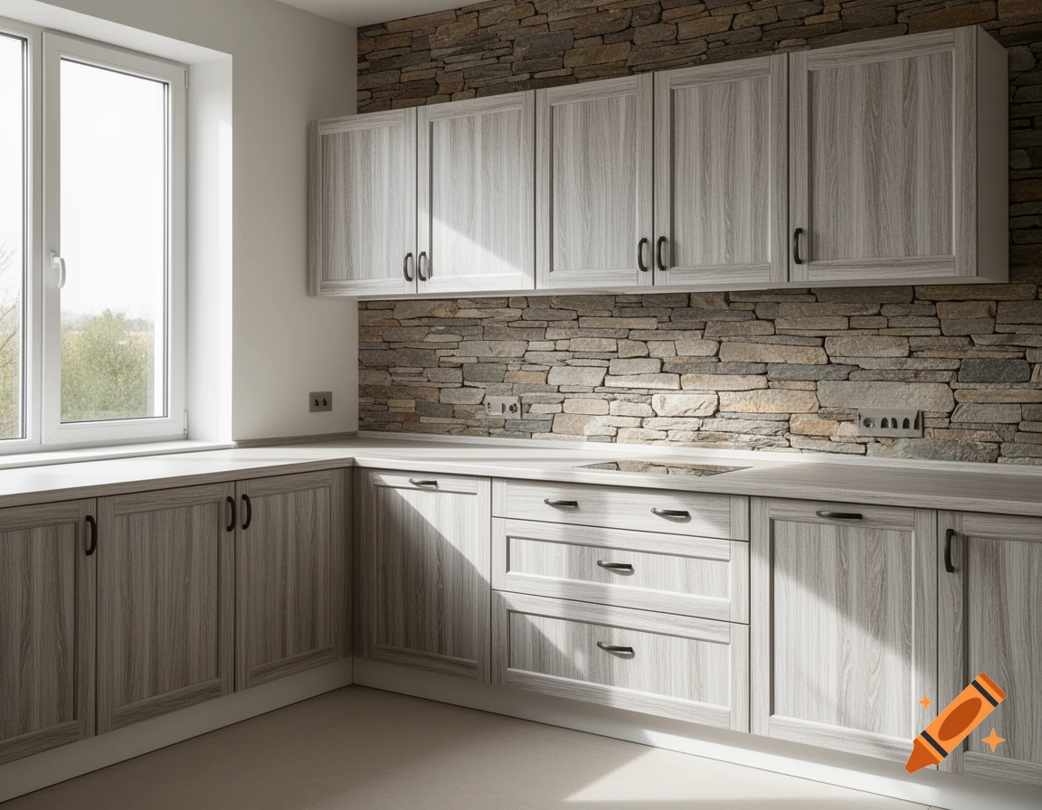 Modern kitchen featuring light grey wood-look cabinets, white countertops, and a natural stone accent wall, illuminated by a large window.