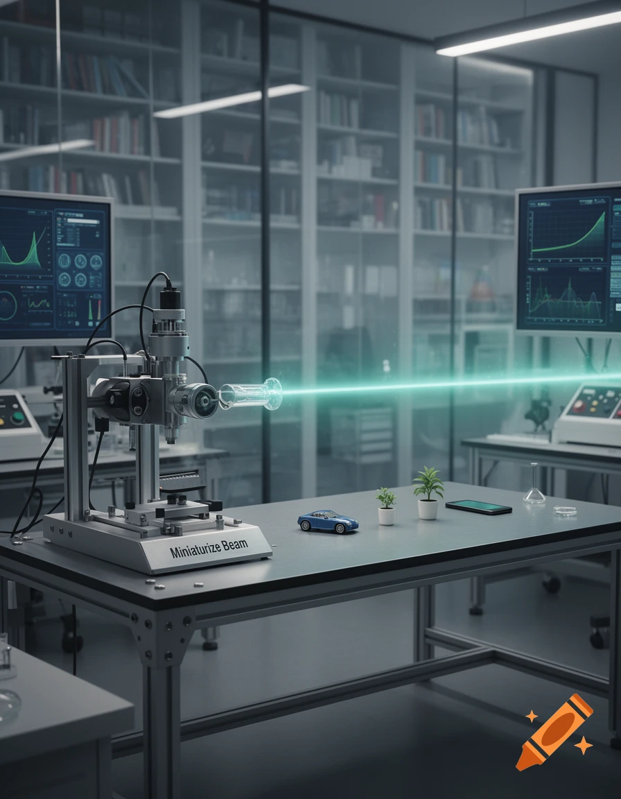 A photorealistic image of a "Miniaturize Beam" device emitting a green laser beam in a science lab. A small blue car and potted plants sit on a table, with computer monitors displaying graphs in the background.