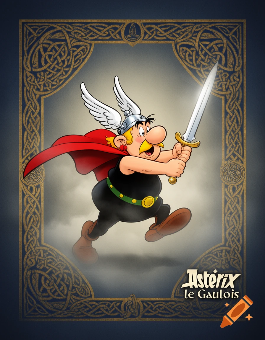 Cartoon Asterix, wearing a winged helmet and red cape, lunges forward with a shining sword, framed by a Celtic knot border.