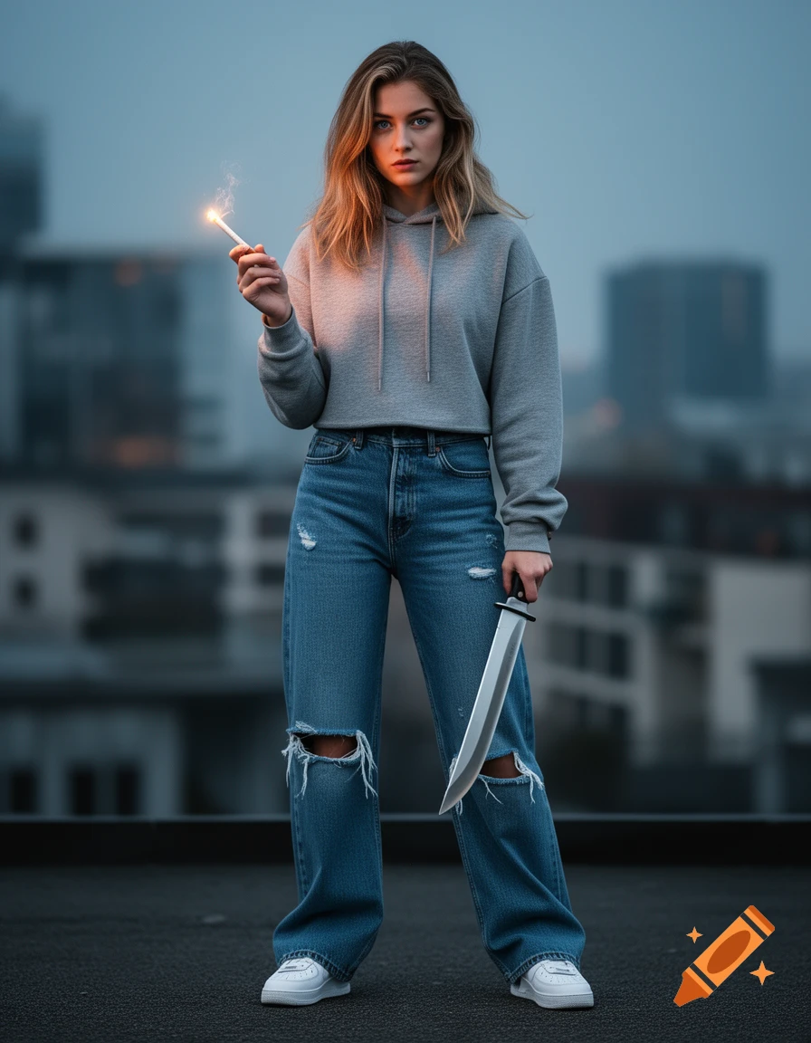 Photorealistic image of a young woman in a grey hoodie, ripped jeans, and white shoes, holding a glowing joint and a machete on a rooftop at dusk.