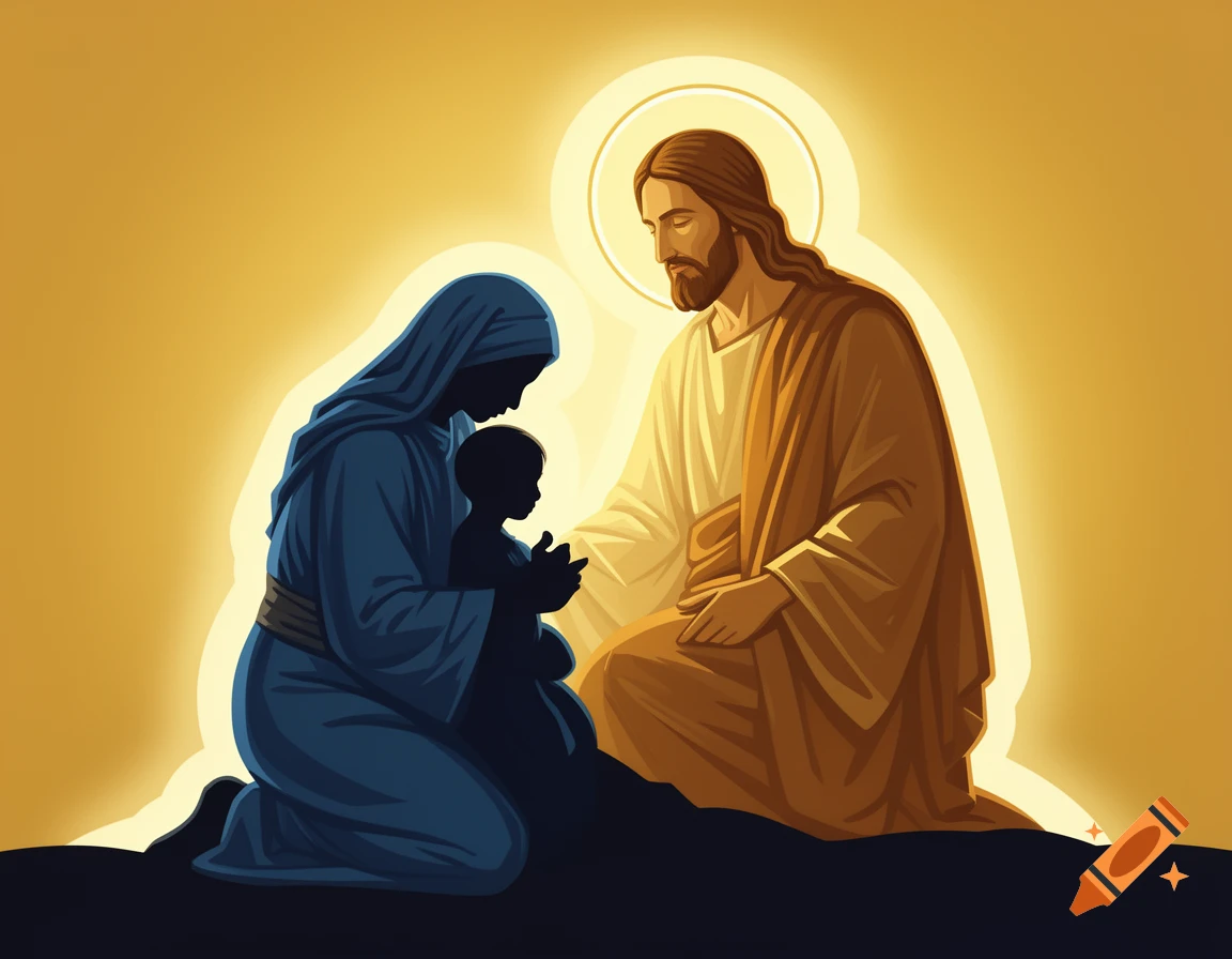 An iconic illustration of Jesus with a halo, kneeling beside a veiled woman in blue holding a child, all silhouetted against a glowing golden background.