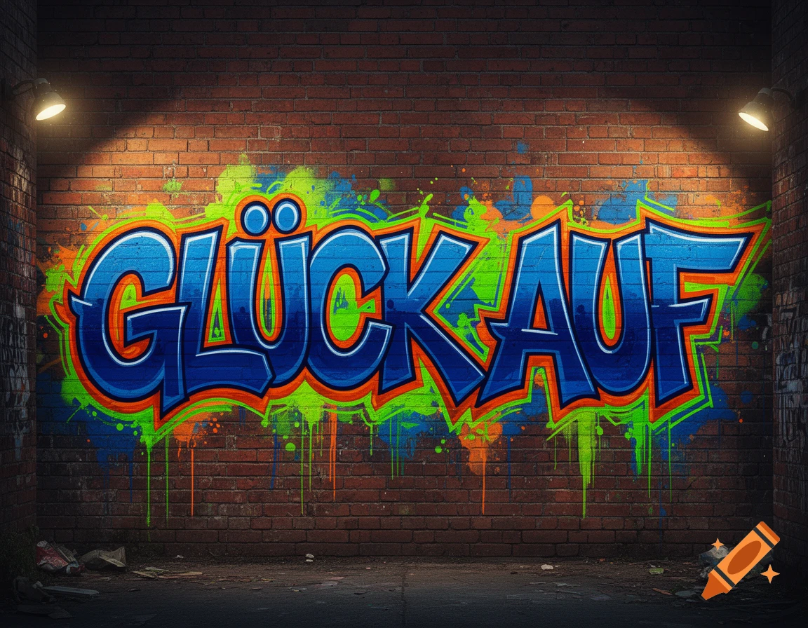 Blue, green, and orange 'GLÜCK AUF' graffiti on a brick wall, illuminated by spotlights.