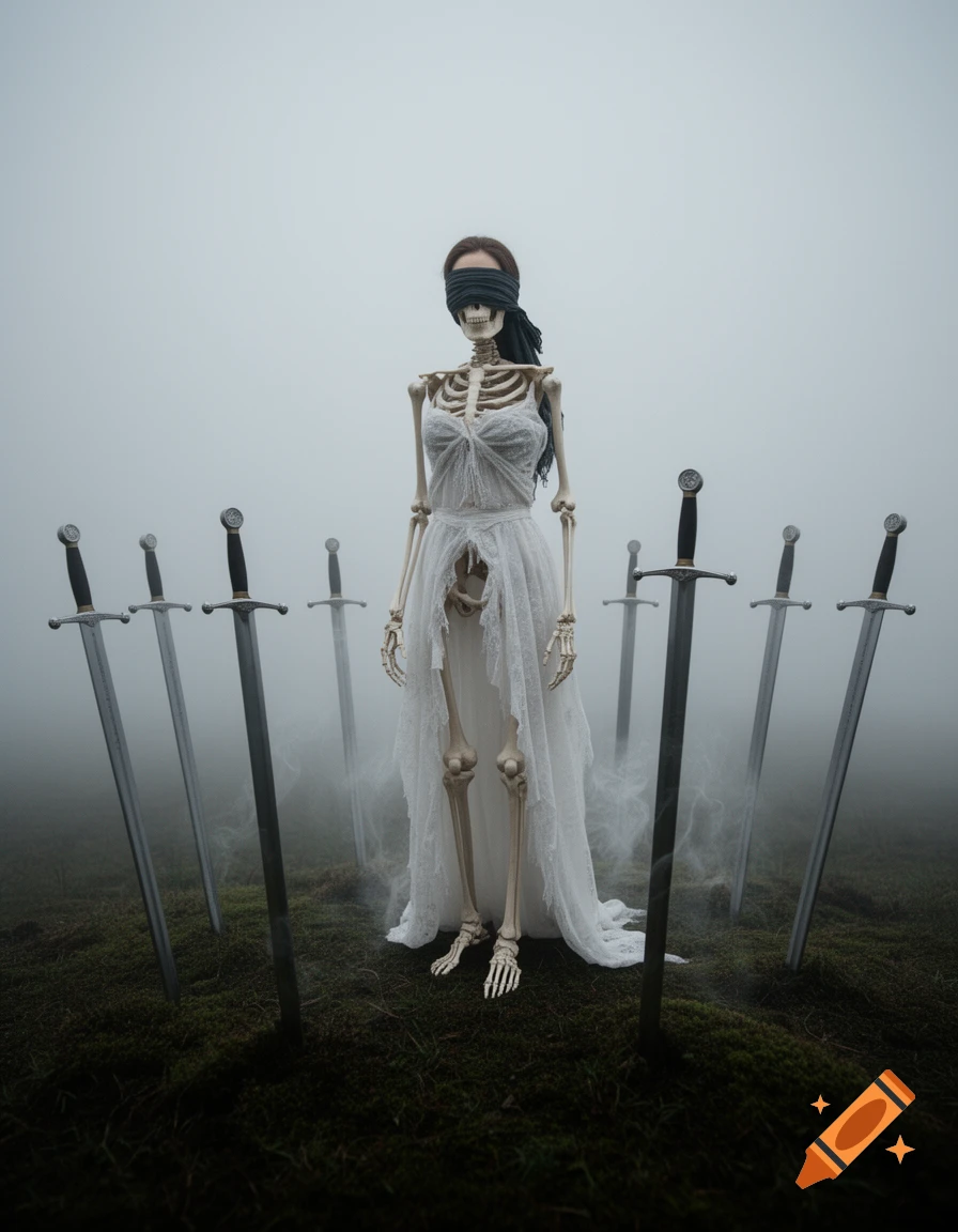 A blindfolded skeleton in a tattered white dress stands amidst eight swords plunged into mossy ground in a foggy, eerie setting.