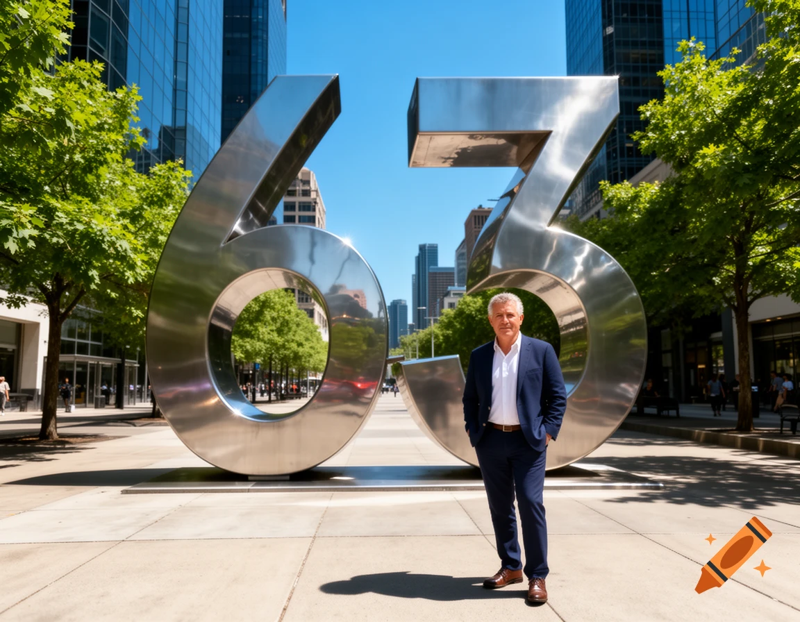 A man in a blue suit stands next to large metallic numbers '63' on a sunny city street with tall buildings and trees.