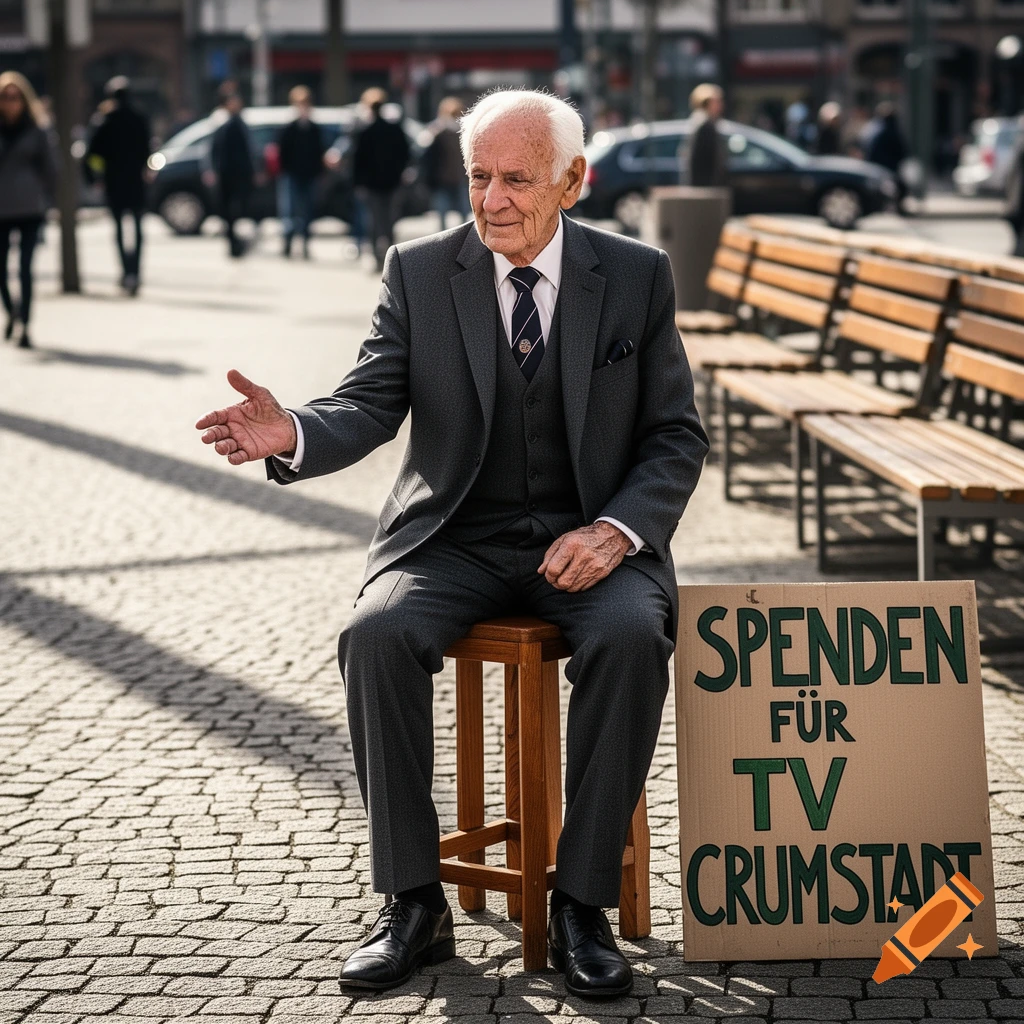 An old man in a suit sits on a stool on a cobblestone street, extending his hand, next to a sign asking for donations. Photorealistic.