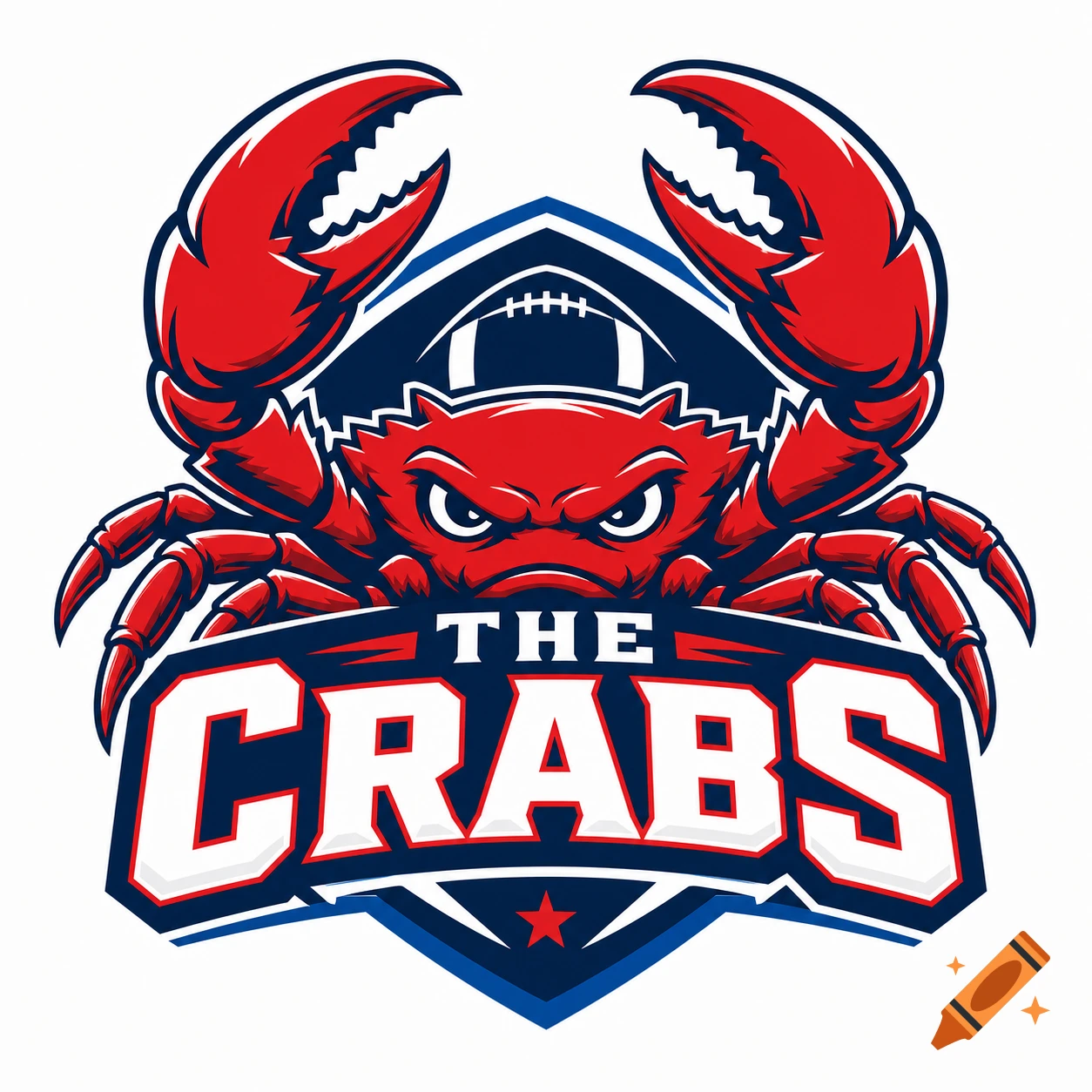 Red and blue logo of an angry crab holding a football, with text 'THE CRABS'.