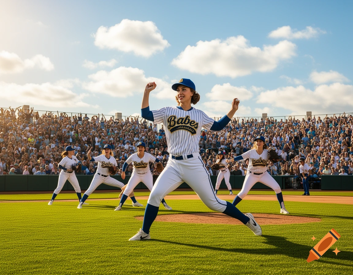 Photorealistic image of a female baseball team on a sunny field, with a pitcher winding up and a large crowd in the stadium.