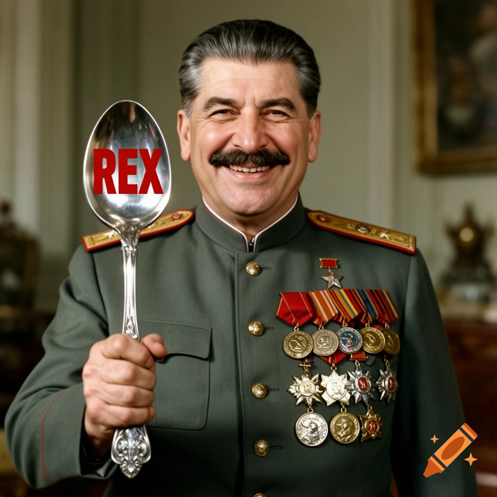 Joseph Stalin smiling broadly, dressed in uniform with medals, holding up a giant silver spoon with "REX" in red letters.