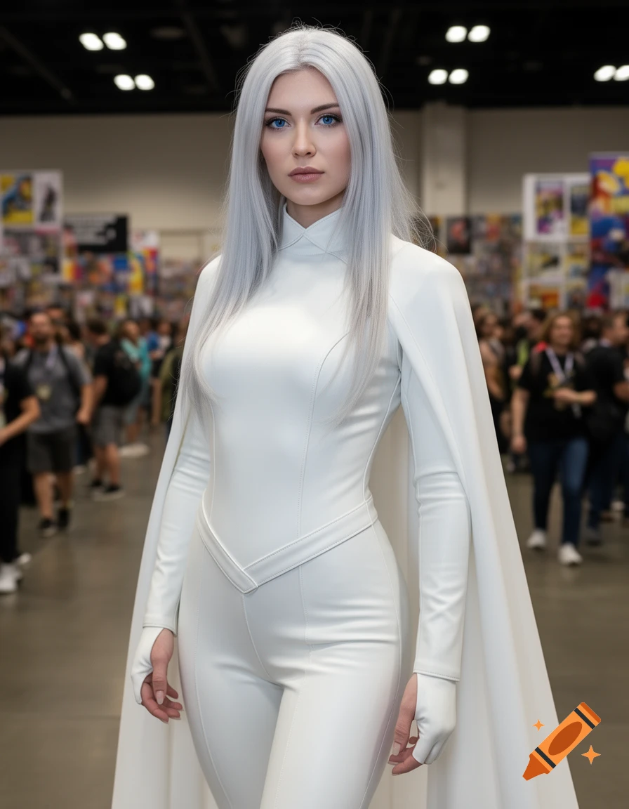 A photorealistic image of a woman cosplaying Emma Frost, wearing a white full-body suit with a cape and long silver hair, standing in a crowded convention hall.