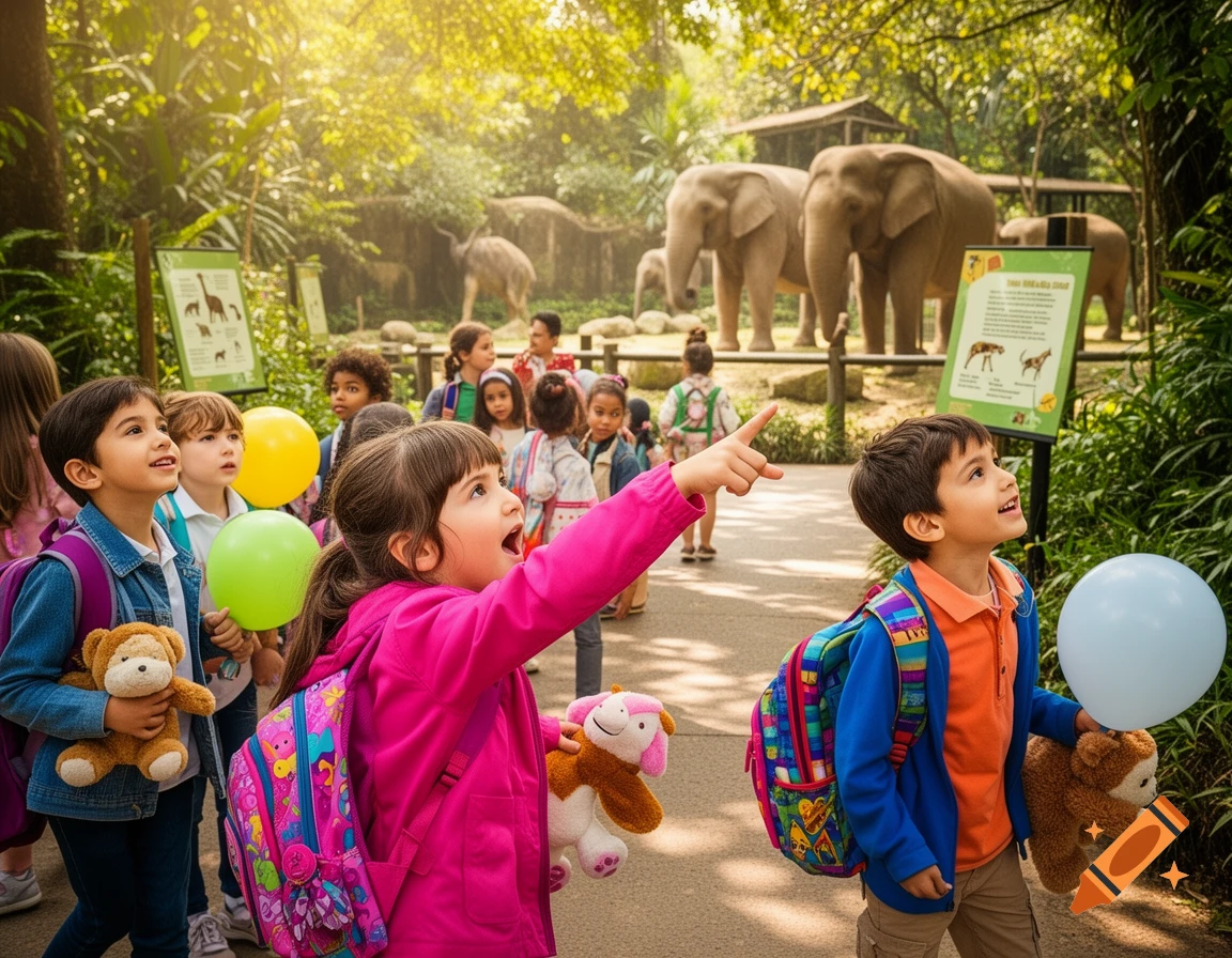 Excited children on a sunny school trip at a zoo, looking up and pointing at elephants and other animals in the background.