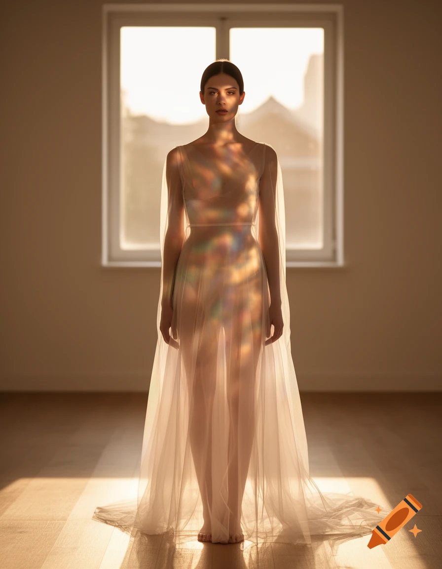 Woman in a sheer, flowing dress bathed in colorful refracted sunlight, standing in front of a window in a minimalist room.