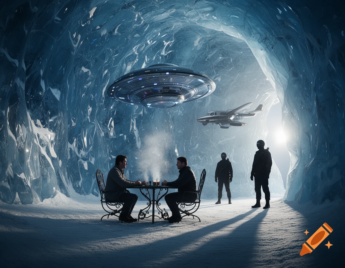 Two men sit at a table in a vast ice cave, observed by two guards, with a UFO hovering above and an airplane in the background.