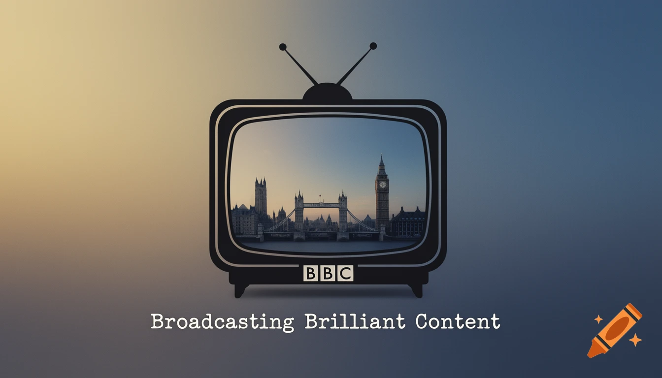 A retro TV showing London's Tower Bridge and Big Ben, with the BBC logo and 'Broadcasting Brilliant Content' text.