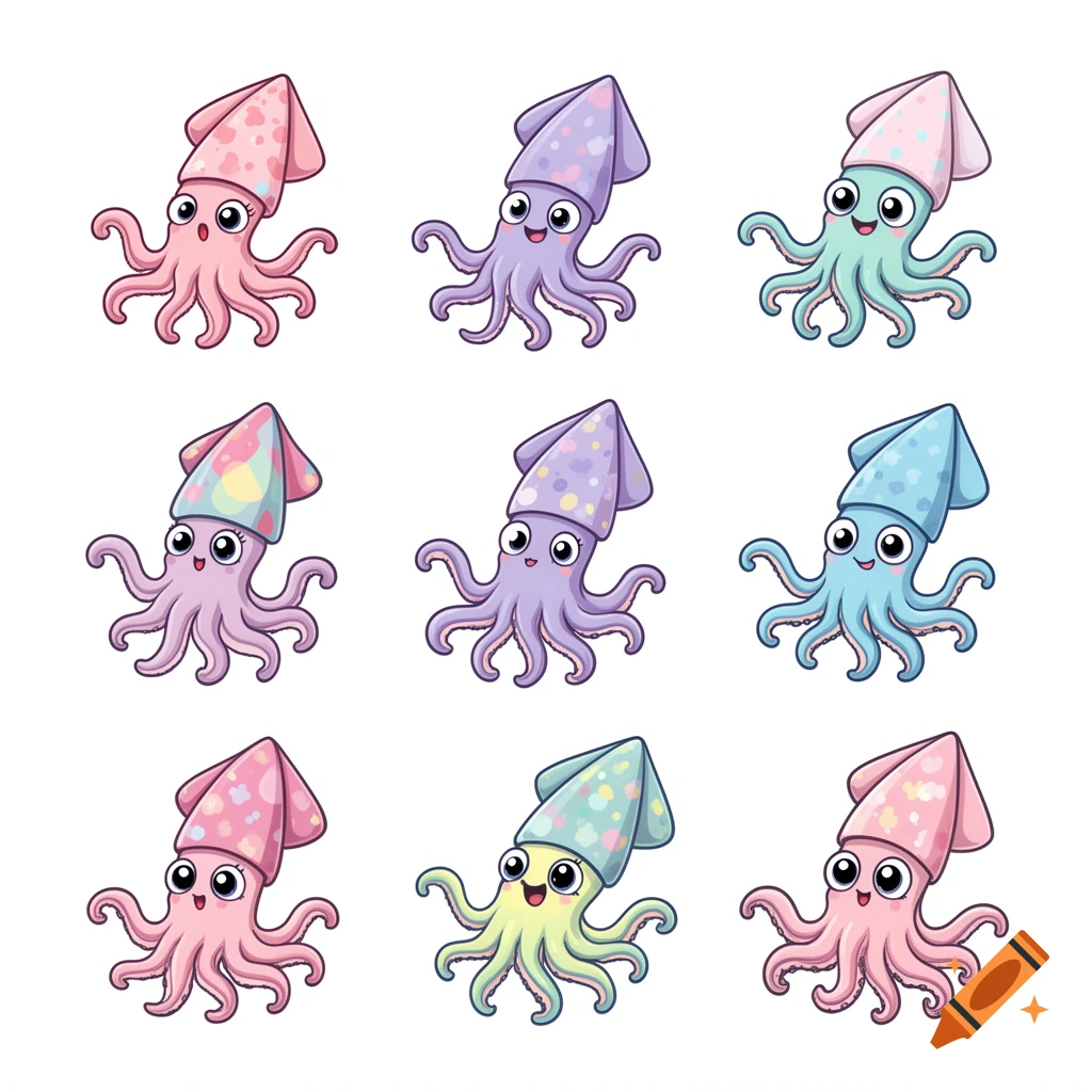 Nine colorful cartoon squids with patterned bodies and smiling faces, arranged on a white background.