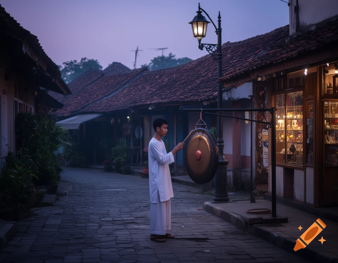Young man in white playing a large gong on a cobblestone street in a traditional village at dusk.