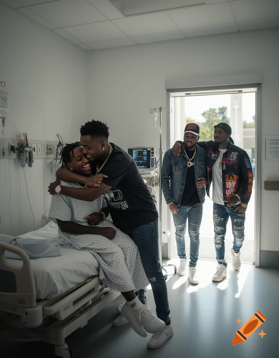 Two men embrace in a hospital room while two other men stand by the door, photorealistic.