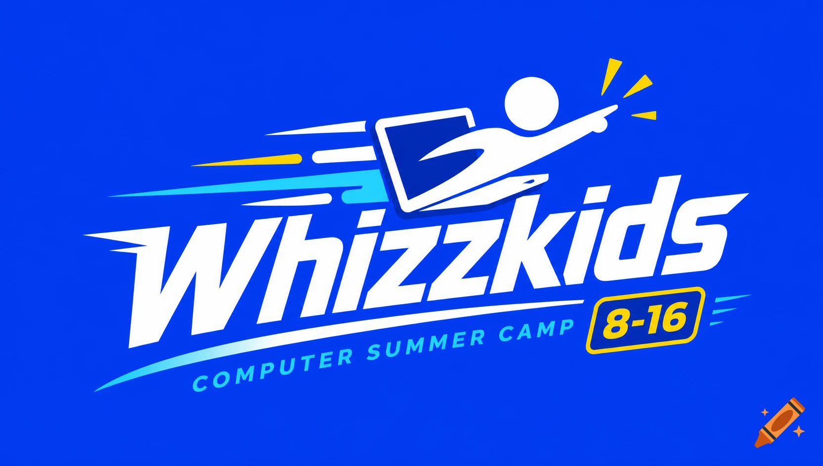 Blue logo for Whizzkids Computer Summer Camp with a white abstract figure holding a laptop, text '8-16', and speed lines.