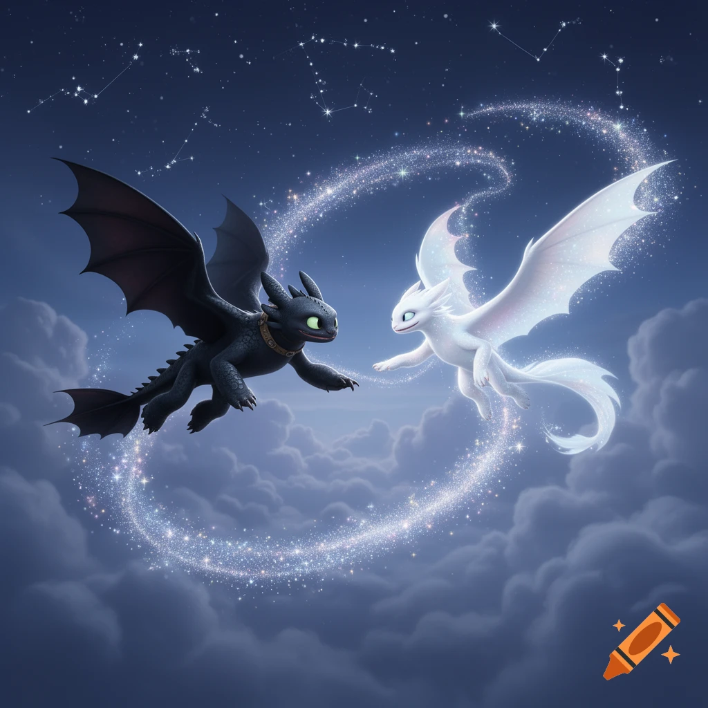 A black dragon and a white dragon fly towards each other in a starry night sky with sparkling trails.