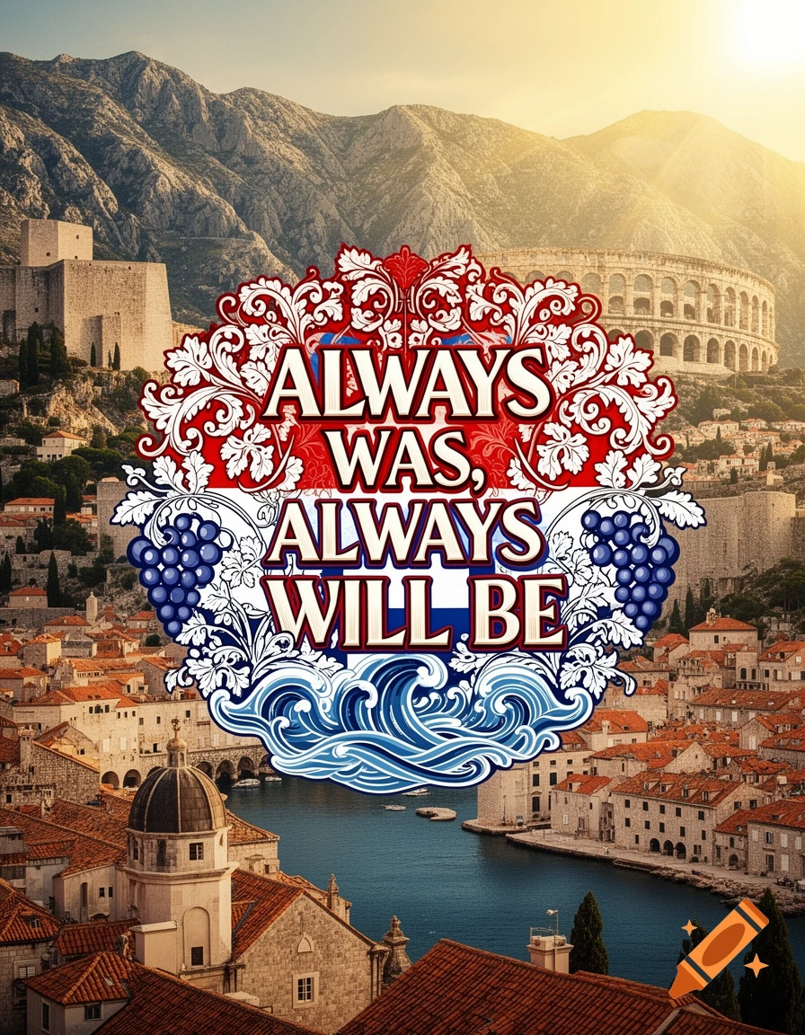 Poster with 'Always Was, Always Will Be' in a decorative emblem over a Croatian cityscape with mountains, old buildings, and a harbor.