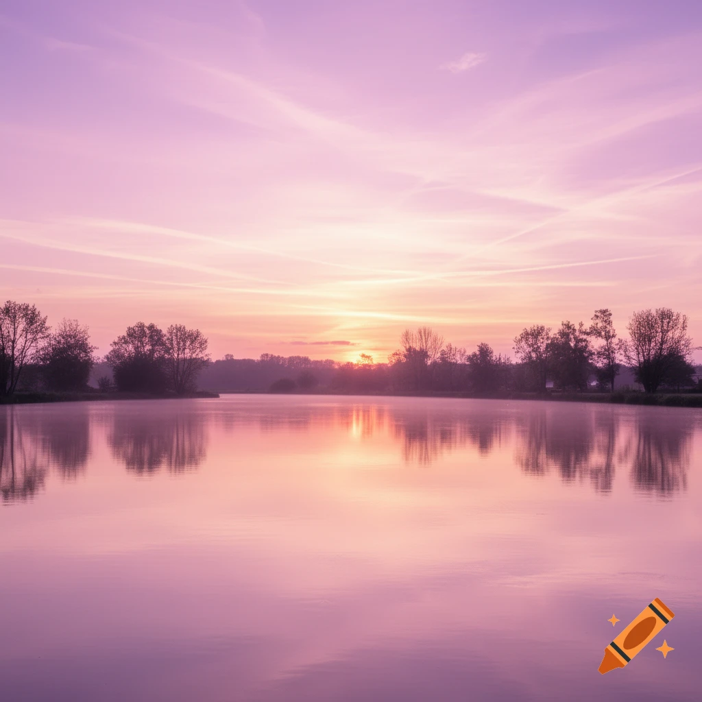 A tranquil sunrise with pink and purple hues over a calm lake, reflecting trees on the distant shore.