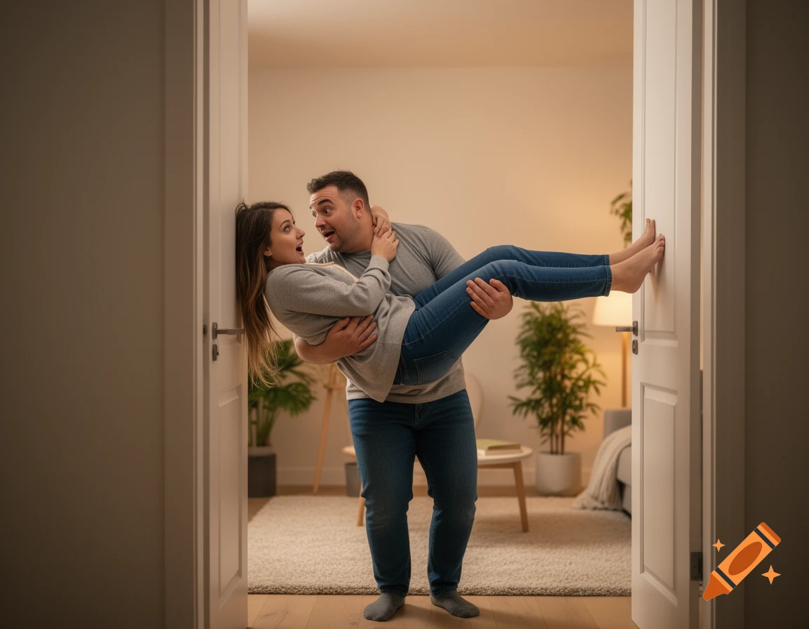 A man playfully carries a woman through a doorway, both looking surprised with wide eyes and open mouths.
