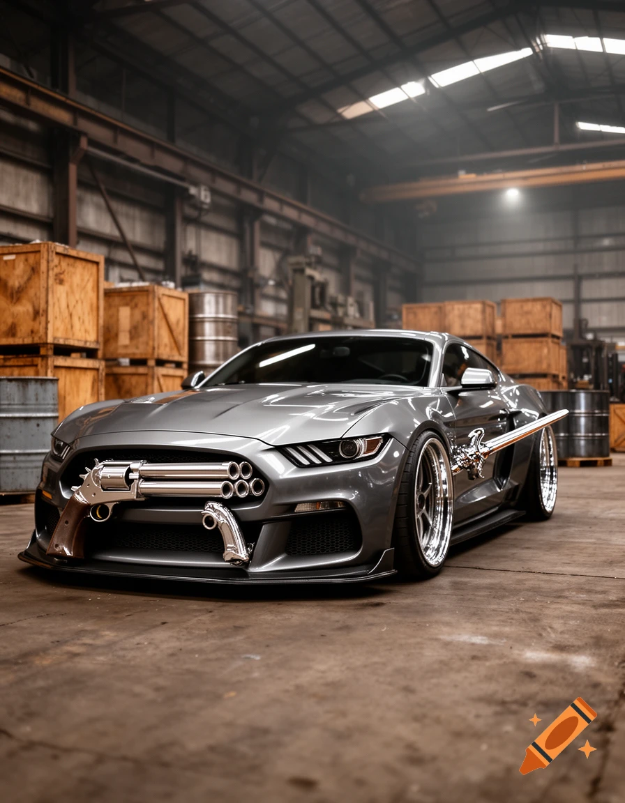 A grey custom car with a large chrome revolver and sword attached to its front and side, parked in an industrial warehouse.
