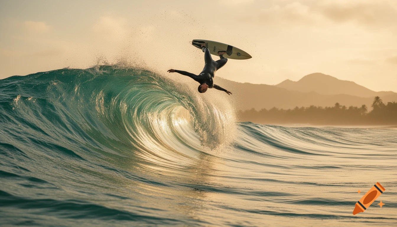 A surfer in a wetsuit performs an aerial flip on a large turquoise wave at sunset, with distant mountains and palm trees.